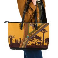 Tribal Africa Heritage with South Africa Flag Leather Tote Bag Wildlife Silhouettes in Earthy Yellow and Brown