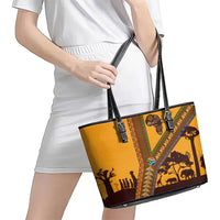 Tribal Africa Heritage with South Africa Flag Leather Tote Bag Wildlife Silhouettes in Earthy Yellow and Brown