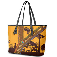 Tribal Africa Heritage with South Africa Flag Leather Tote Bag Wildlife Silhouettes in Earthy Yellow and Brown
