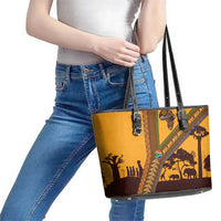 Tribal Africa Heritage with South Africa Flag Leather Tote Bag Wildlife Silhouettes in Earthy Yellow and Brown