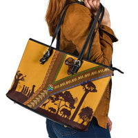 Tribal Africa Heritage with South Africa Flag Leather Tote Bag Wildlife Silhouettes in Earthy Yellow and Brown