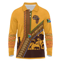 Tribal Africa Heritage with South Africa Flag Long Sleeve Polo Shirt Wildlife Silhouettes in Earthy Yellow and Brown