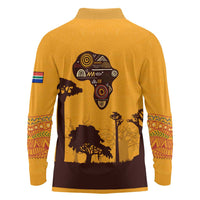 Tribal Africa Heritage with South Africa Flag Long Sleeve Polo Shirt Wildlife Silhouettes in Earthy Yellow and Brown