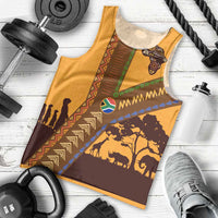Tribal Africa Heritage with South Africa Flag Men Tank Top Wildlife Silhouettes in Earthy Yellow and Brown