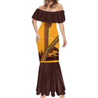 Tribal Africa Heritage with South Africa Flag Mermaid Dress Wildlife Silhouettes in Earthy Yellow and Brown