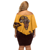 Tribal Africa Heritage with South Africa Flag Off Shoulder Short Dress Wildlife Silhouettes in Earthy Yellow and Brown