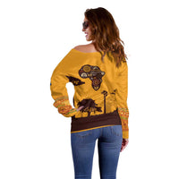 Tribal Africa Heritage with South Africa Flag Off Shoulder Sweater Wildlife Silhouettes in Earthy Yellow and Brown