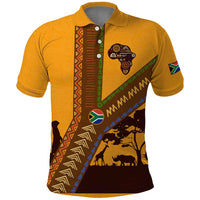 Tribal Africa Heritage with South Africa Flag Polo Shirt Wildlife Silhouettes in Earthy Yellow and Brown