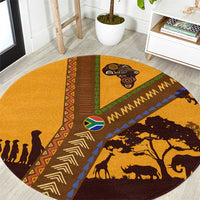 Tribal Africa Heritage with South Africa Flag Round Carpet Wildlife Silhouettes in Earthy Yellow and Brown