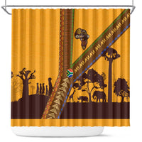 Tribal Africa Heritage with South Africa Flag Shower Curtain Wildlife Silhouettes in Earthy Yellow and Brown