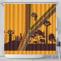 Tribal Africa Heritage with South Africa Flag Shower Curtain Wildlife Silhouettes in Earthy Yellow and Brown