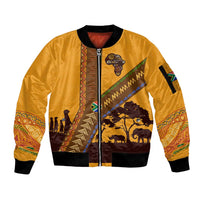 Tribal Africa Heritage with South Africa Flag Sleeve Zip Bomber Jacket Wildlife Silhouettes in Earthy Yellow and Brown