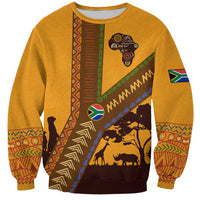Tribal Africa Heritage with South Africa Flag Sweatshirt Wildlife Silhouettes in Earthy Yellow and Brown