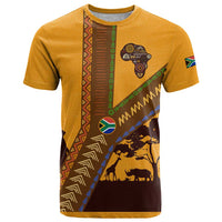 Tribal Africa Heritage with South Africa Flag T Shirt Wildlife Silhouettes in Earthy Yellow and Brown