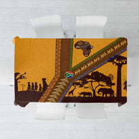 Tribal Africa Heritage with South Africa Flag Tablecloth Wildlife Silhouettes in Earthy Yellow and Brown