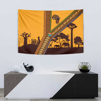 Tribal Africa Heritage with South Africa Flag Tapestry Wildlife Silhouettes in Earthy Yellow and Brown