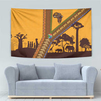 Tribal Africa Heritage with South Africa Flag Tapestry Wildlife Silhouettes in Earthy Yellow and Brown