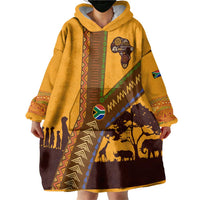 Tribal Africa Heritage with South Africa Flag Wearable Blanket Hoodie Wildlife Silhouettes in Earthy Yellow and Brown