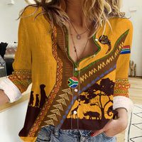 Tribal Africa Heritage with South Africa Flag Women Casual Shirt Wildlife Silhouettes in Earthy Yellow and Brown