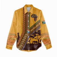 Tribal Africa Heritage with South Africa Flag Women Casual Shirt Wildlife Silhouettes in Earthy Yellow and Brown
