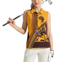 Tribal Africa Heritage with South Africa Flag Women Sleeveless Polo Shirt Wildlife Silhouettes in Earthy Yellow and Brown