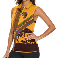 Tribal Africa Heritage with South Africa Flag Women Sleeveless Polo Shirt Wildlife Silhouettes in Earthy Yellow and Brown