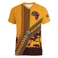 Tribal Africa Heritage with South Africa Flag Women V-Neck T-Shirt Wildlife Silhouettes in Earthy Yellow and Brown