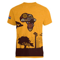 Tribal Africa Heritage with South Africa Flag Women V-Neck T-Shirt Wildlife Silhouettes in Earthy Yellow and Brown