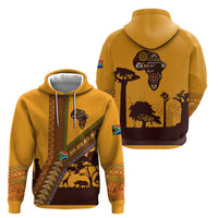 Tribal Africa Heritage with South Africa Flag Zip Hoodie Wildlife Silhouettes in Earthy Yellow and Brown
