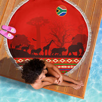 South Africa Wildlife Beach Blanket Tribal Pattern with National Flag and Safari Silhouettes