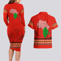 South Africa Wildlife Couples Matching Long Sleeve Bodycon Dress and Hawaiian Shirt Tribal Pattern with National Flag and Safari Silhouettes