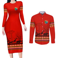 South Africa Wildlife Couples Matching Long Sleeve Bodycon Dress and Long Sleeve Button Shirt Tribal Pattern with National Flag and Safari Silhouettes