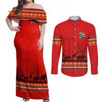 South Africa Wildlife Couples Matching Off Shoulder Maxi Dress and Long Sleeve Button Shirt Tribal Pattern with National Flag and Safari Silhouettes