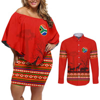 South Africa Wildlife Couples Matching Off Shoulder Short Dress and Long Sleeve Button Shirt Tribal Pattern with National Flag and Safari Silhouettes