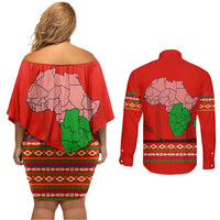South Africa Wildlife Couples Matching Off Shoulder Short Dress and Long Sleeve Button Shirt Tribal Pattern with National Flag and Safari Silhouettes