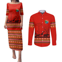 South Africa Wildlife Couples Matching Puletasi and Long Sleeve Button Shirt Tribal Pattern with National Flag and Safari Silhouettes