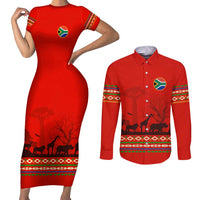 South Africa Wildlife Couples Matching Short Sleeve Bodycon Dress and Long Sleeve Button Shirt Tribal Pattern with National Flag and Safari Silhouettes