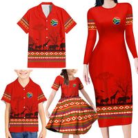 South Africa Wildlife Family Matching Long Sleeve Bodycon Dress and Hawaiian Shirt Tribal Pattern with National Flag and Safari Silhouettes