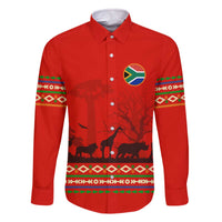 South Africa Wildlife Family Matching Off The Shoulder Long Sleeve Dress and Hawaiian Shirt Tribal Pattern with National Flag and Safari Silhouettes