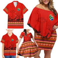 South Africa Wildlife Family Matching Off Shoulder Short Dress and Hawaiian Shirt Tribal Pattern with National Flag and Safari Silhouettes