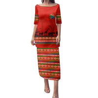 South Africa Wildlife Family Matching Puletasi and Hawaiian Shirt Tribal Pattern with National Flag and Safari Silhouettes