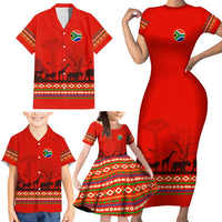 South Africa Wildlife Family Matching Short Sleeve Bodycon Dress and Hawaiian Shirt Tribal Pattern with National Flag and Safari Silhouettes