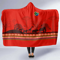 South Africa Wildlife Hooded Blanket Tribal Pattern with National Flag and Safari Silhouettes