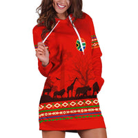 South Africa Wildlife Hoodie Dress Tribal Pattern with National Flag and Safari Silhouettes