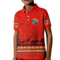 South Africa Wildlife Kid Polo Shirt Tribal Pattern with National Flag and Safari Silhouettes