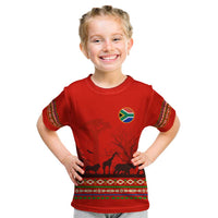 South Africa Wildlife Kid T Shirt Tribal Pattern with National Flag and Safari Silhouettes