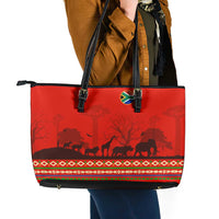 South Africa Wildlife Leather Tote Bag Tribal Pattern with National Flag and Safari Silhouettes