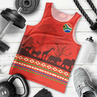 South Africa Wildlife Men Tank Top Tribal Pattern with National Flag and Safari Silhouettes