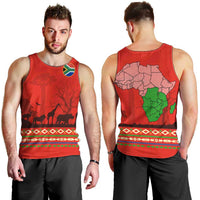 South Africa Wildlife Men Tank Top Tribal Pattern with National Flag and Safari Silhouettes