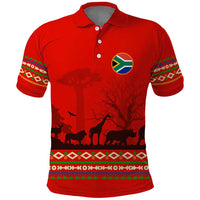 South Africa Wildlife Polo Shirt Tribal Pattern with National Flag and Safari Silhouettes
